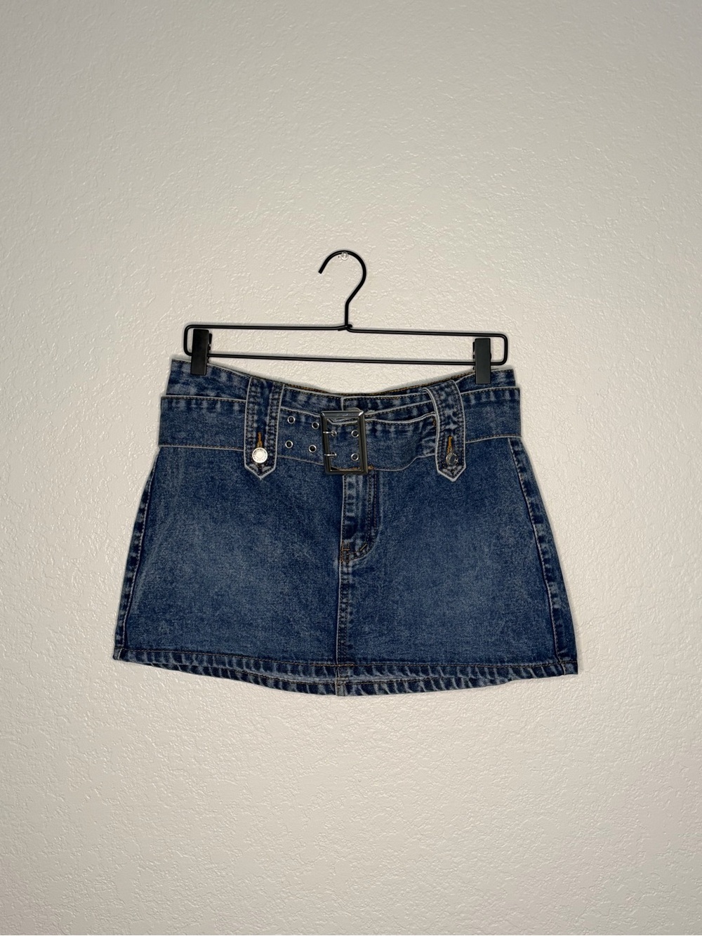 High-Rise Blue Denim Mini Skirt with Buckle Belt